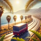 Coastal Landscape with Truck, Ocean, and Palm Trees
