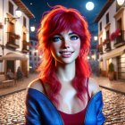 Moonlit Cobblestone Street with Vibrant Redhead