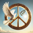 Stylized Golden Peace Symbol with Dove and Olive Branch