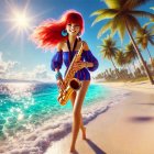 Vibrant Beach Scene with Woman and Saxophone