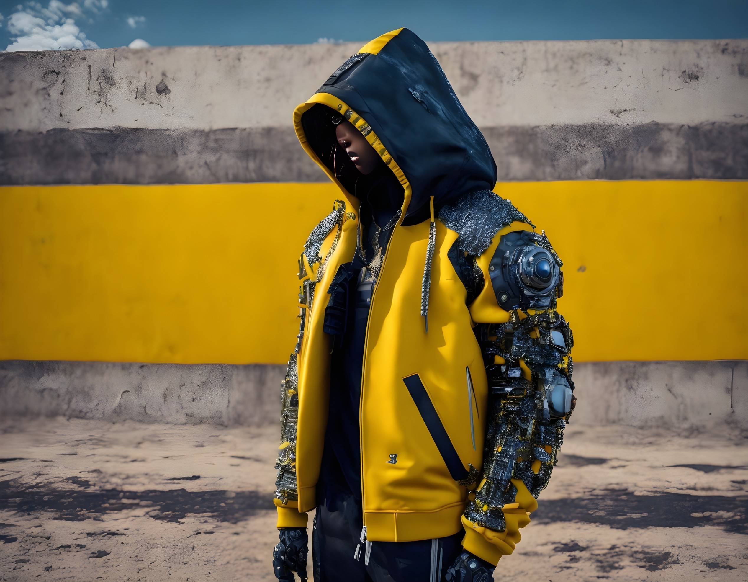 Futuristic figure in yellow hoodie against gray backdrop