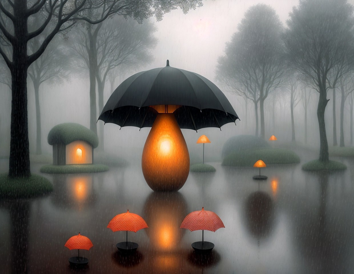 Misty Landscape with Umbrellas and Glowing Huts
