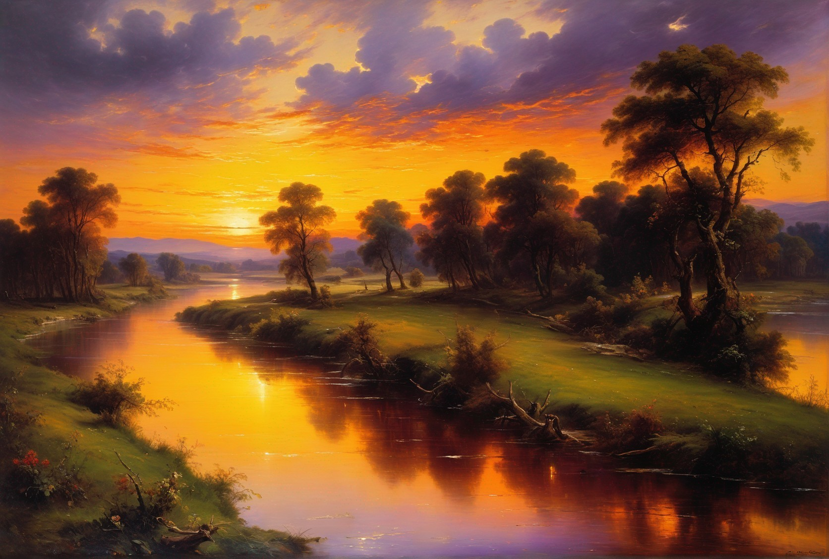 Serene Sunset Landscape with Winding River and Hills