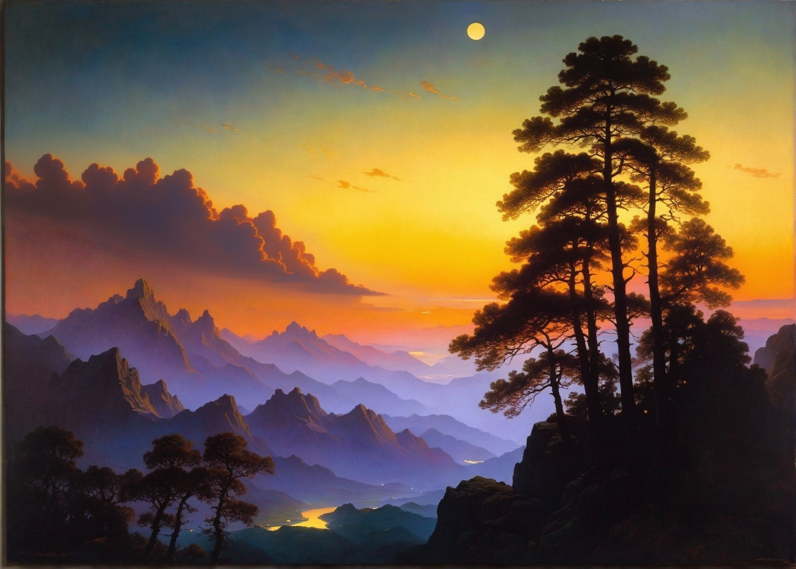 Sunset Landscape with Mountains and Reflective River