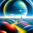 Vibrant Cosmic Landscape with Hills and Luminous River