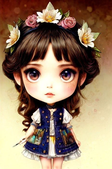Charming doll with floral headband and denim vest