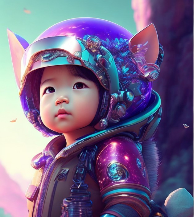 Child in Futuristic Space Helmet in Ethereal Landscape