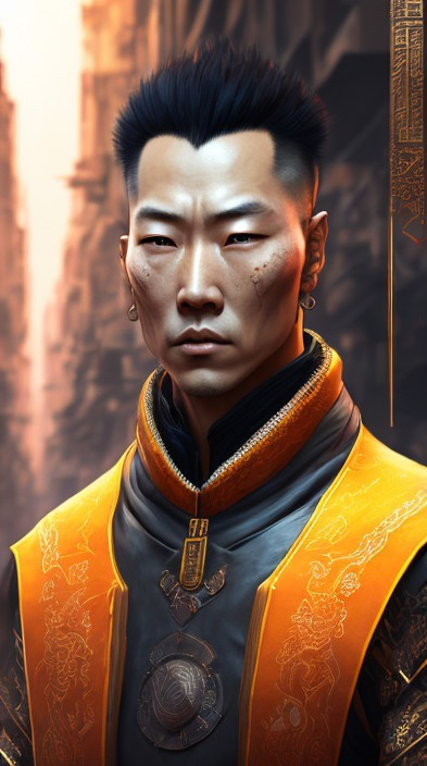 Futuristic Character in Intricate Orange and Gold Outfit