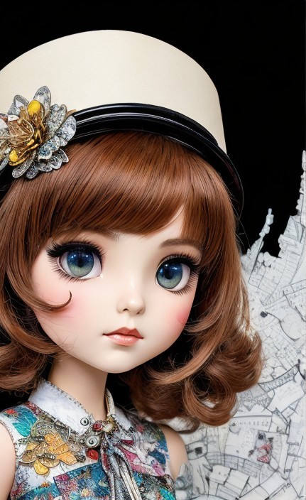 Elegant Doll with Blue Eyes and Cream Hat Details