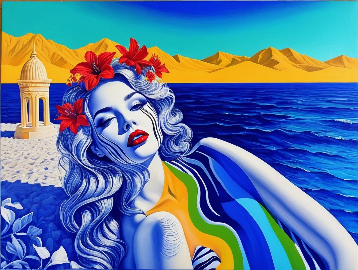 Stylized Woman with Flowers by Ocean and Mountains