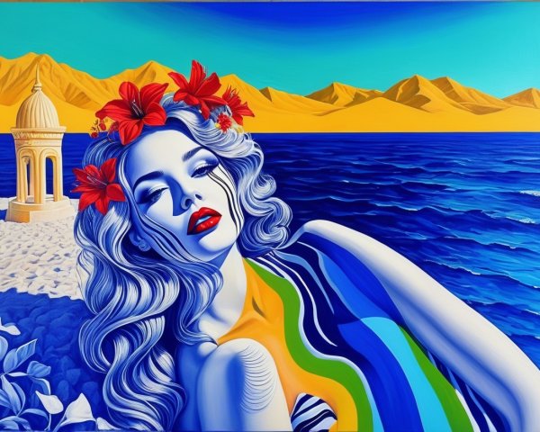 Stylized Woman with Flowers by Ocean and Mountains