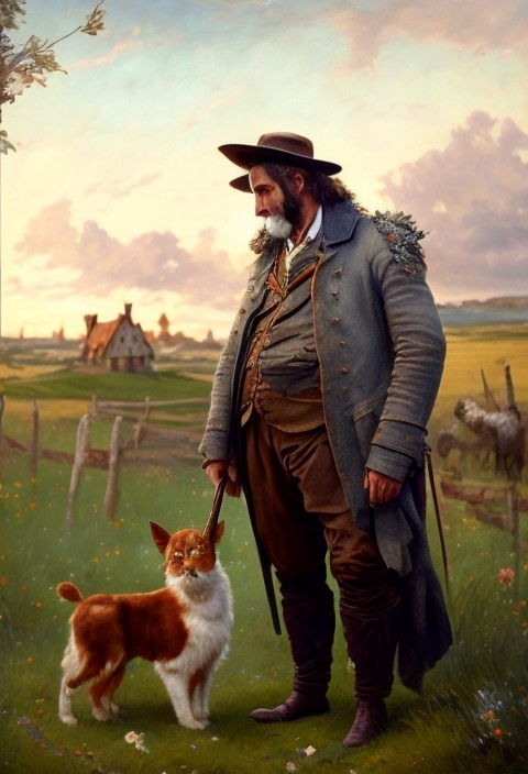19th-Century Man with Dog in Scenic Landscape