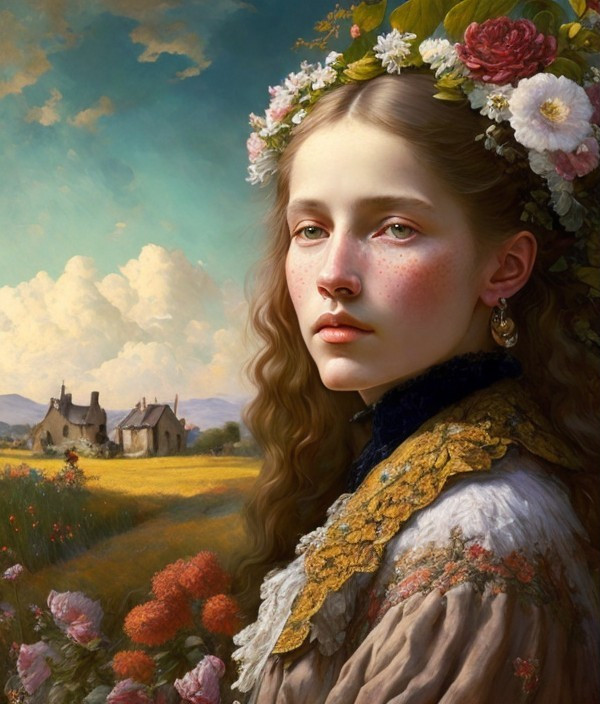 Young Woman in Floral Crown in Scenic Landscape
