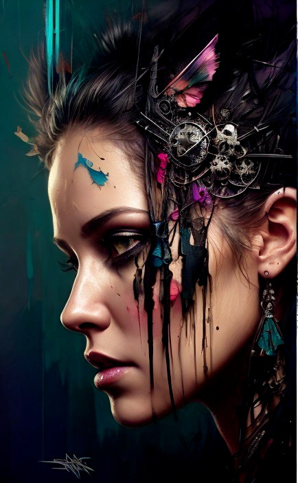 Profile of a Woman with Digital Hair Designs and Butterflies