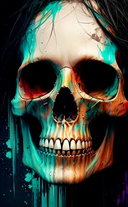 Vivid Skull Art with Bright Colors and Dark Features