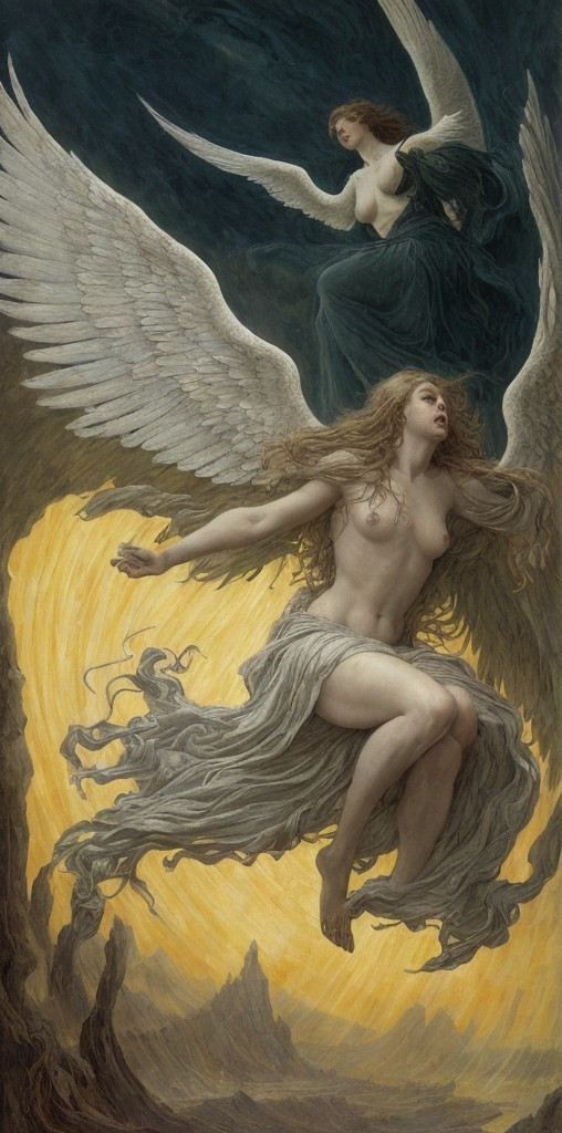 Ethereal Figures with Wings in Celestial Atmosphere