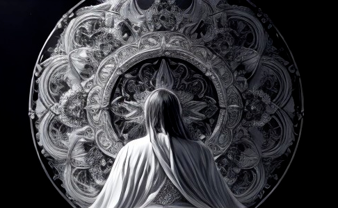 Figure in White Garments Observing Intricate Design