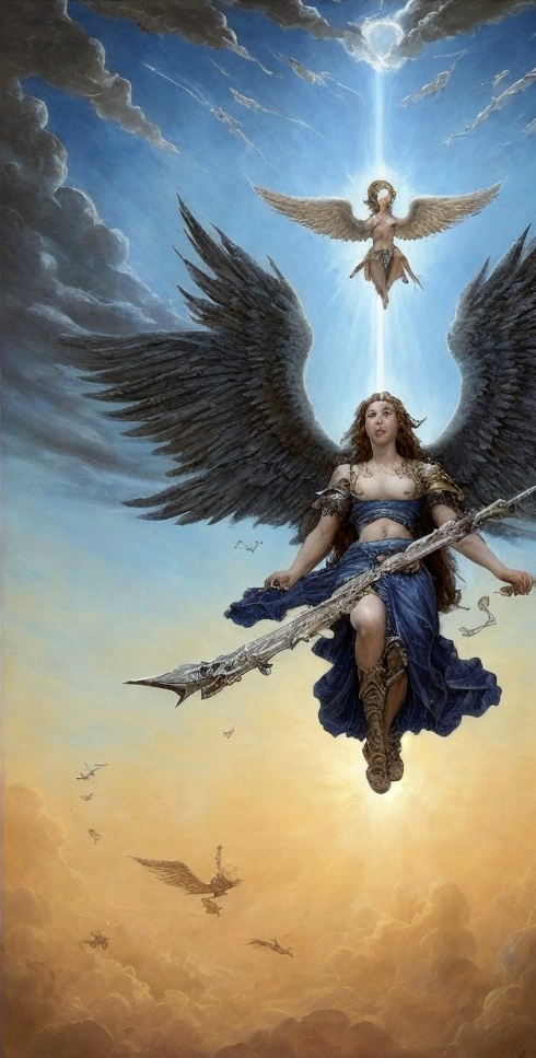 Majestic Figure with Dark Wings in Dramatic Sky