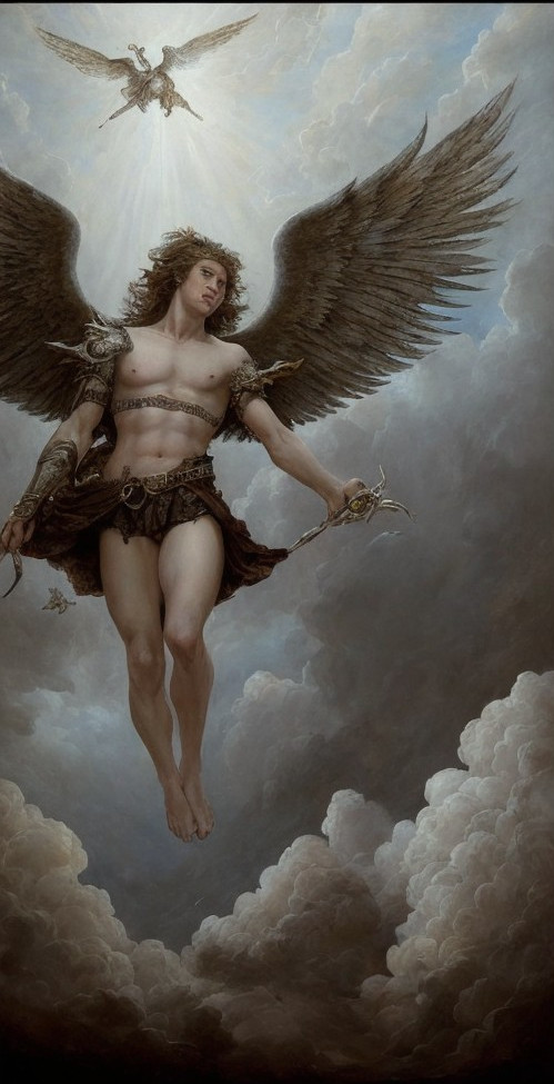 Winged Figure Soaring Through a Cloudy Sky
