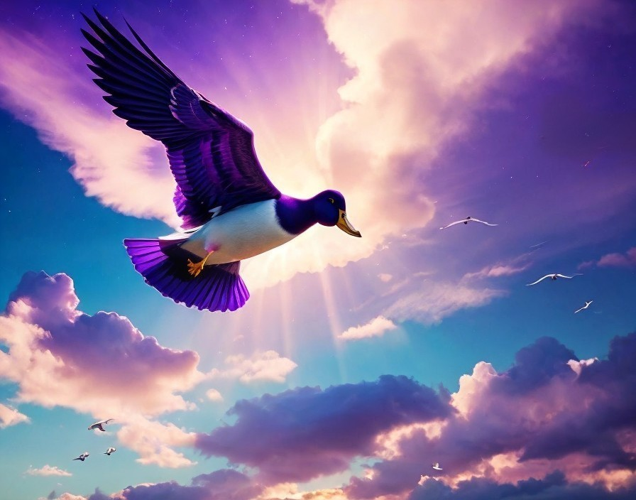 Colorful Bird with Purple and Blue Feathers in Sky
