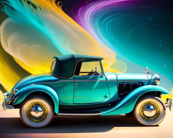 Vintage turquoise car against vibrant abstract background