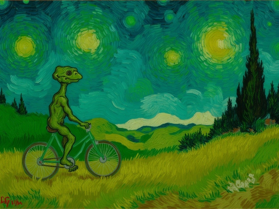 Alien Creature Bicycling in a Starry Landscape