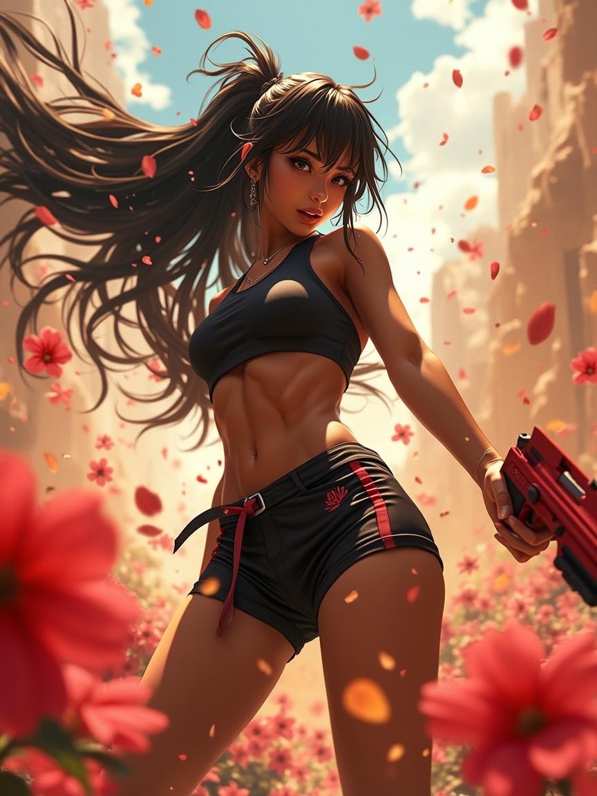 Muscular Woman in Flower Field with Red Pistol