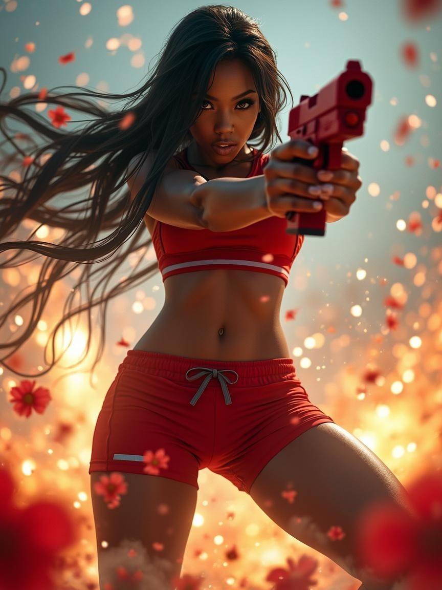 Confident Female Character with Red Toy Gun in Dynamic Scene