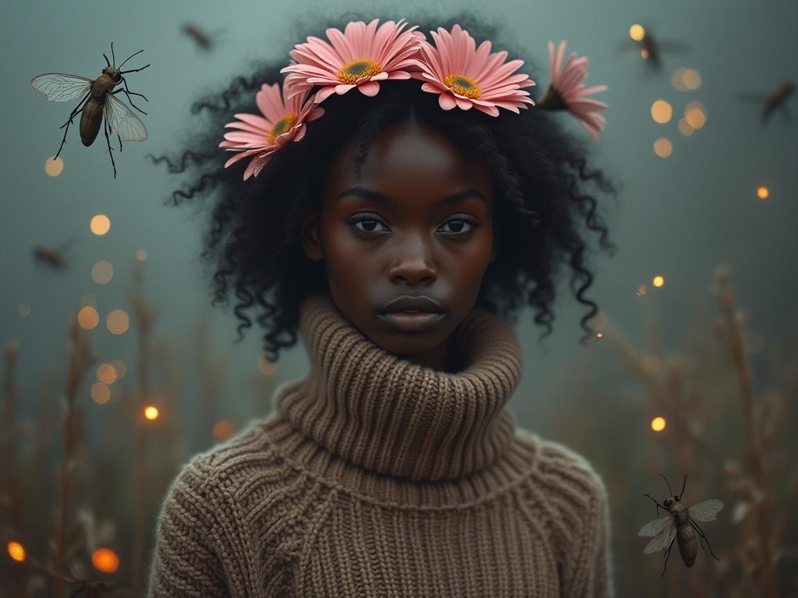 Young girl in oversized sweater with flower crown