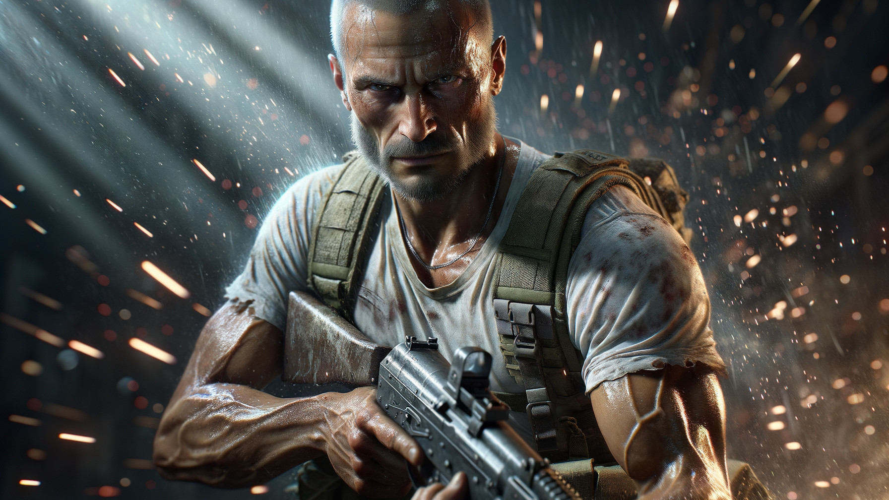 Muscular Soldier with Assault Rifle in Dramatic Scene