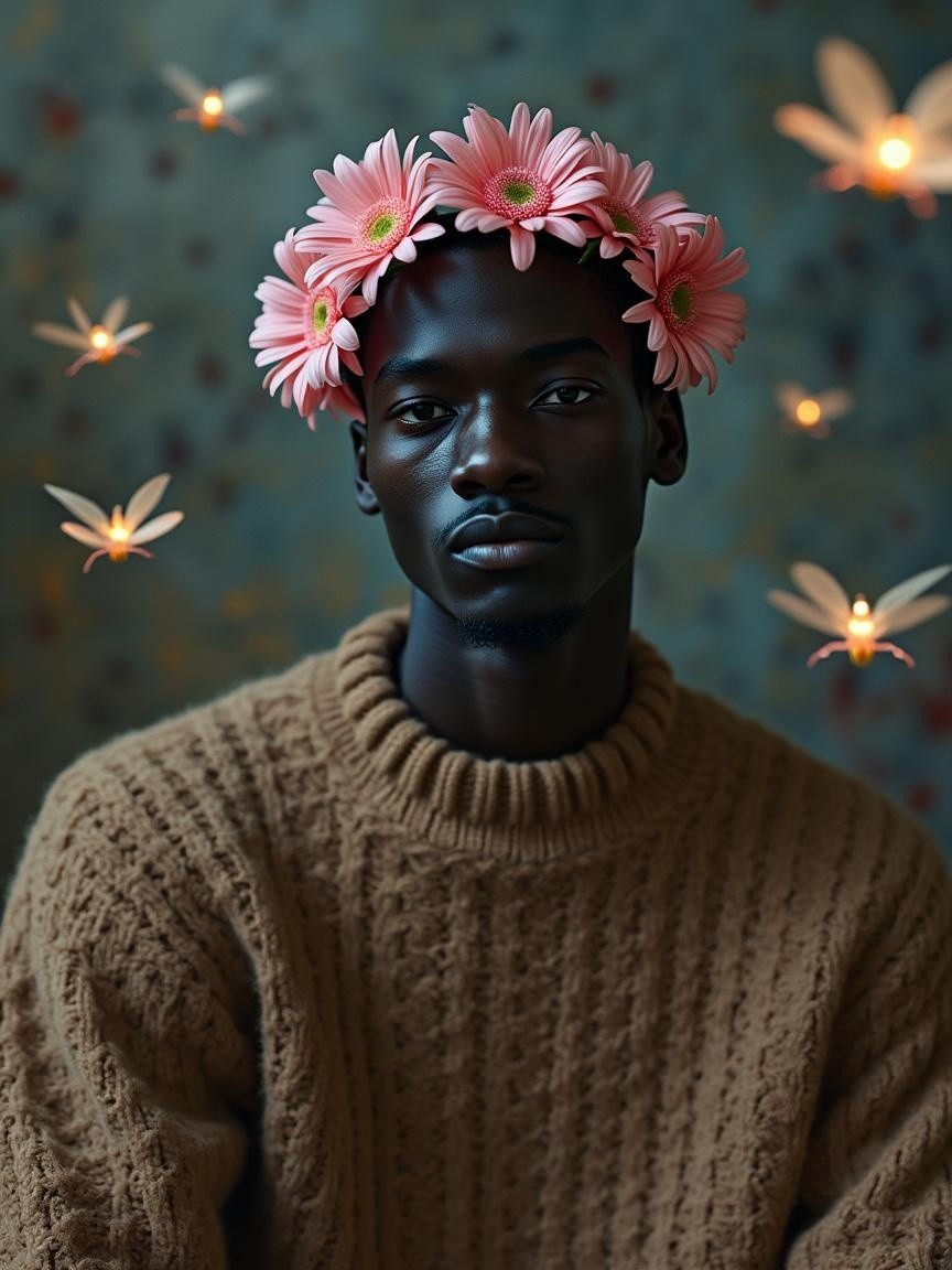 Young man in brown sweater with pink gerbera crown