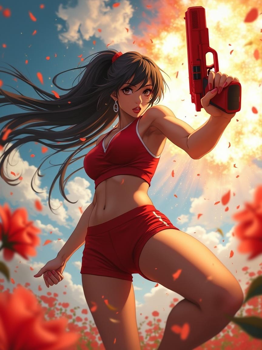 Fierce Female Character in Red Outfit with Pistol