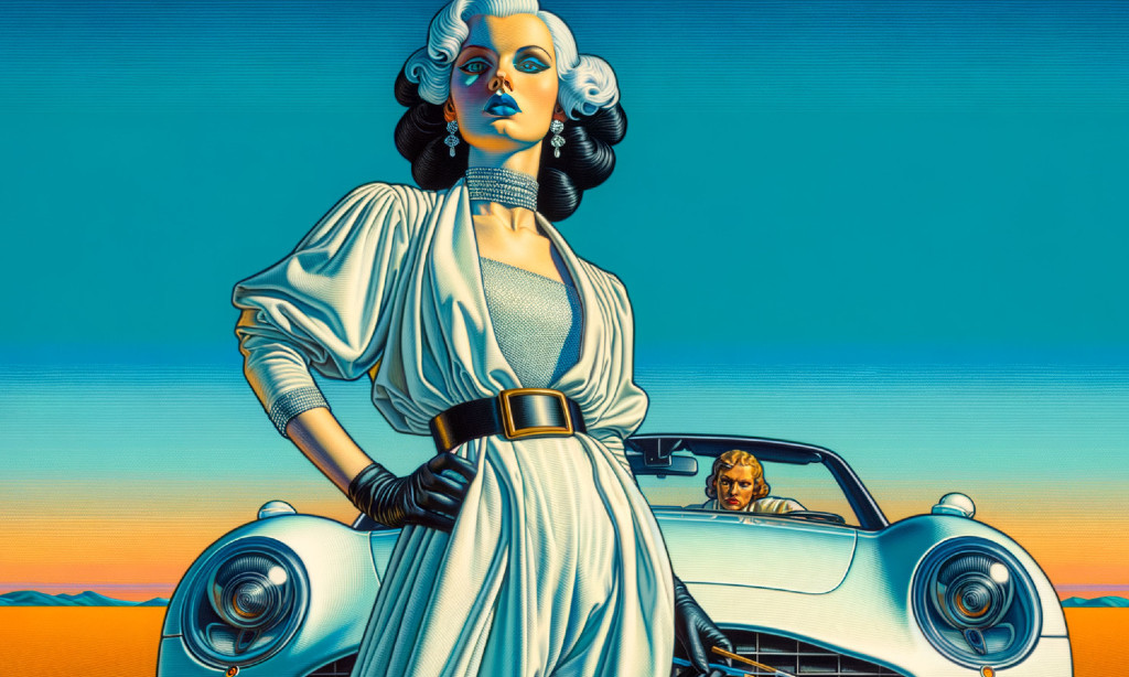 Glamorous Woman in White Dress by Vintage Convertible