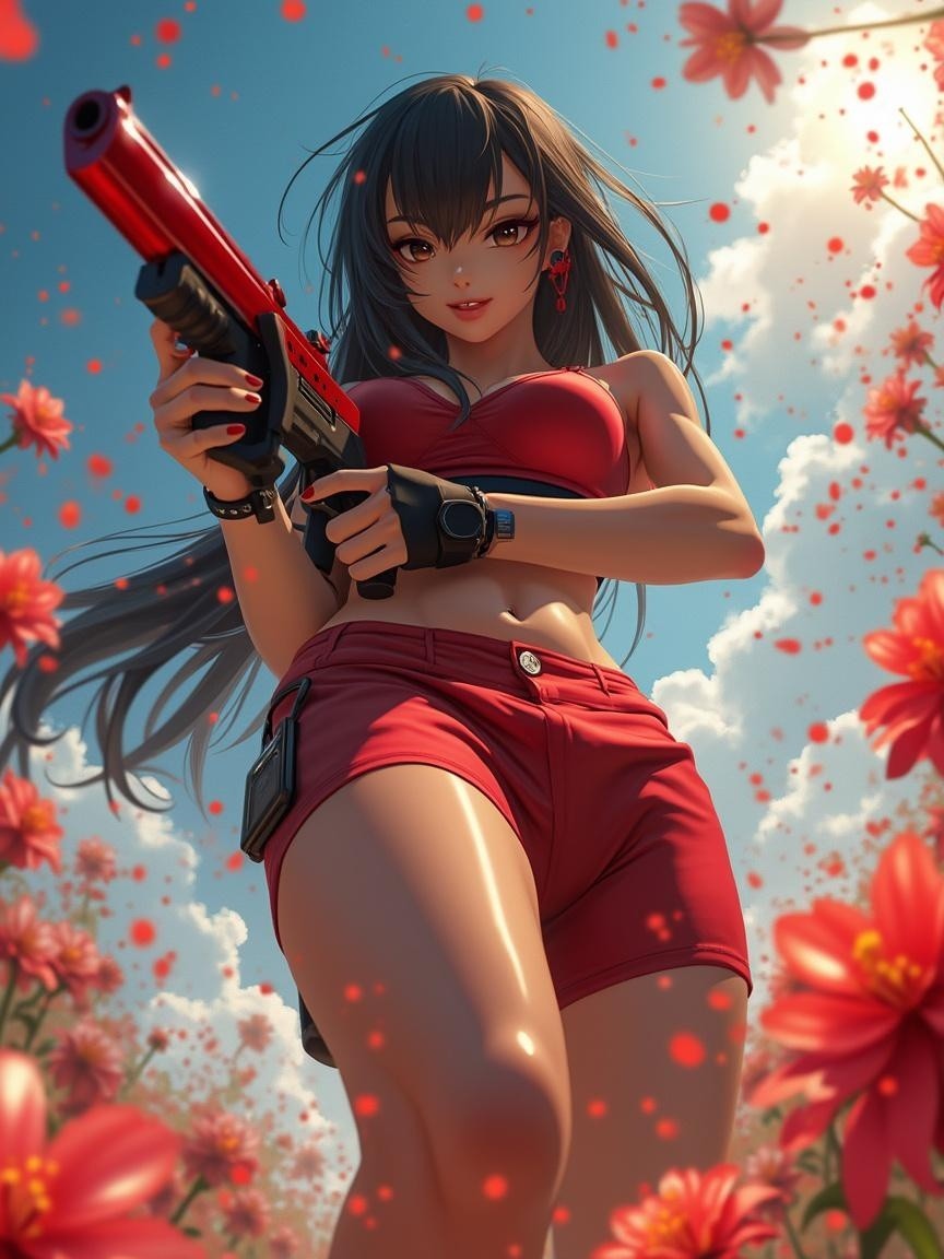 Confident Young Woman in Flower Field with Toy Gun