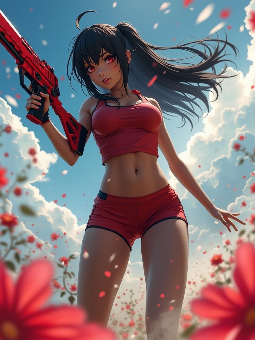Strong Female Character with Futuristic Weapon in Nature