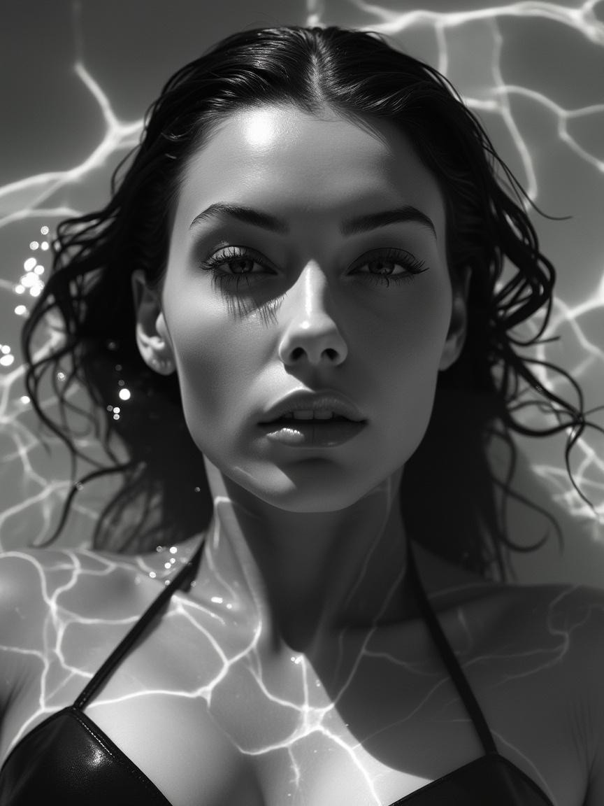Woman Submerged in Water with Reflective Light Patterns