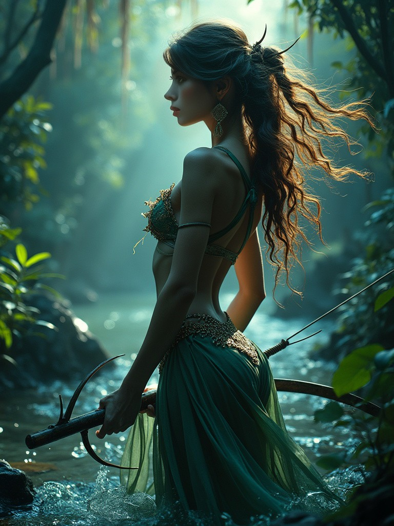 Woman in Green Attire by a Shimmering Stream