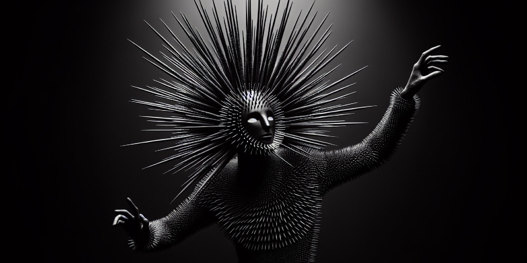 Striking Figure with Spiked Headdress and Dark Garment