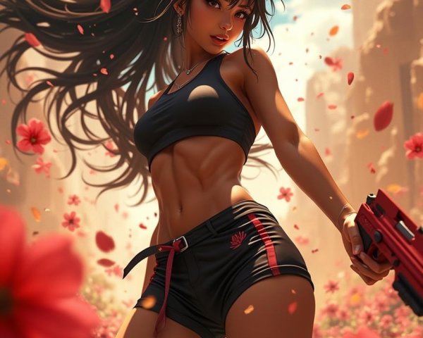 Muscular Woman in Flower Field with Red Pistol