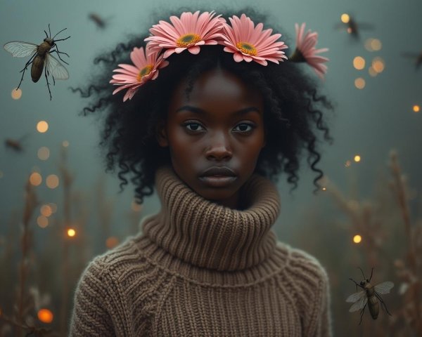 Young girl in oversized sweater with flower crown