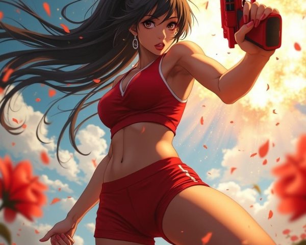 Fierce Female Character in Red Outfit with Pistol