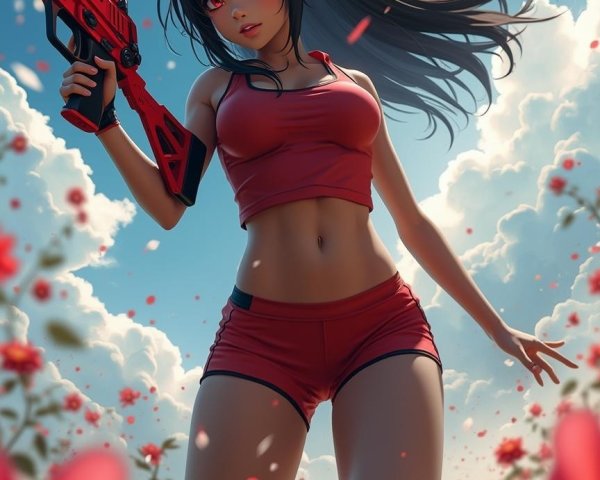 Strong Female Character with Futuristic Weapon in Nature
