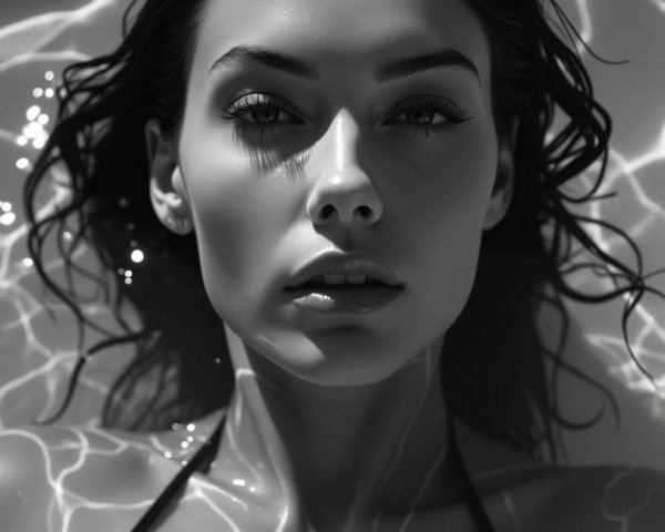 Woman Submerged in Water with Reflective Light Patterns