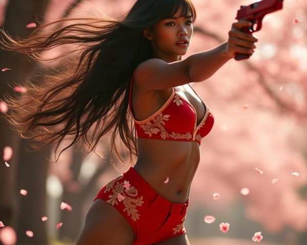Confident Woman in Cherry Blossoms with Handgun