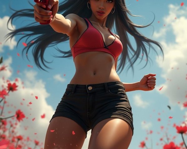 Fierce Female Character in Flower Field with Gun