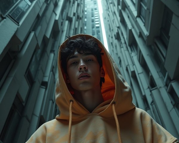Young man in alleyway with modern buildings and hoodie