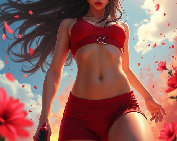Young woman in sporty outfit amid vibrant flowers