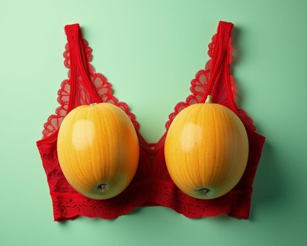 Whimsical Red Lace Bra with Yellow Melons on Green Background