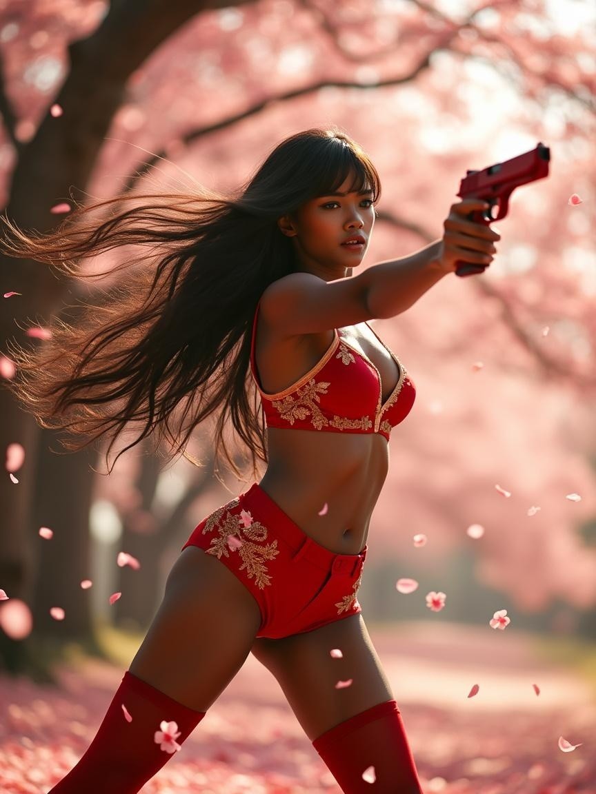 Confident Woman in Cherry Blossoms with Handgun