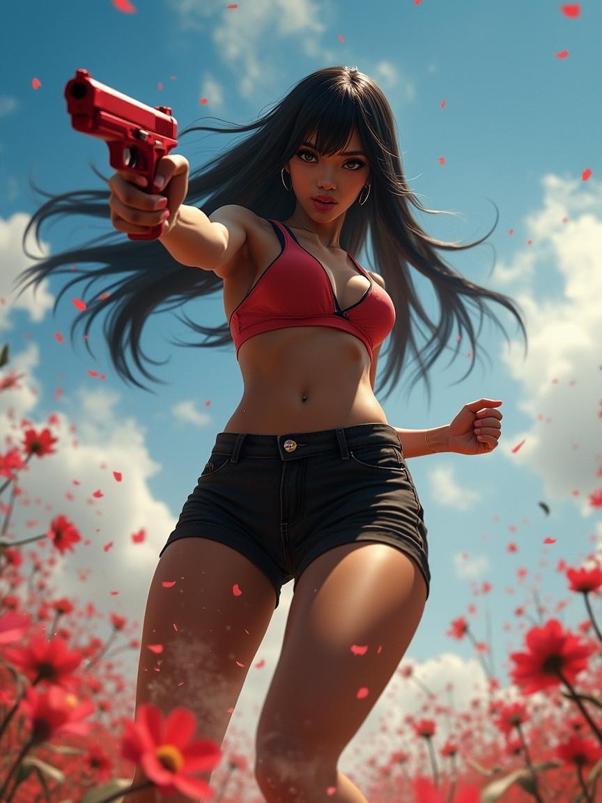 Fierce Female Character in Flower Field with Gun